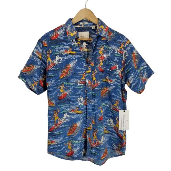 paperdenim&cloth NWT Men's Hawaiian Surfer Print Short Sleeve Button Up Medium - Picture 1 of 8